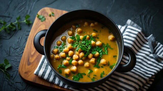 Herby Coconut Milk Stew with Chickpeas on a Dark Textured Background