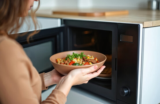 Woman using microwave machine to heat healthy food at home. Modern kitchen appliance, domestic life. Female cook lunch, easy food prep. Quick meal, fast cooking tech.
