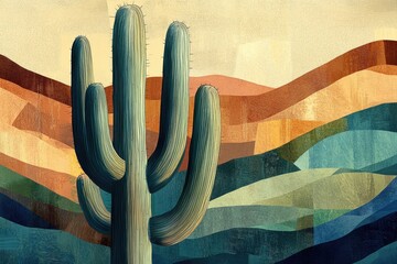 A stylized illustration of a saguaro cactus against a vibrant, abstract desert landscape.