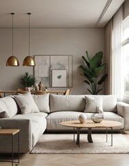 Fototapeta premium Modern living room interior open space. Design modular sofa, wooden coffee tables, pillows, tropical plants in stylish home decor. Neutral living room design template.