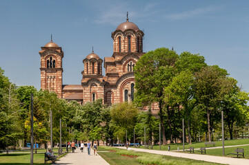 Fototapeta premium The St. Mark's Church or the Church of St. Mark a Serbian Orthodox church located in the Tašmajdan park in Belgrade, near the Parliament of Serbia.