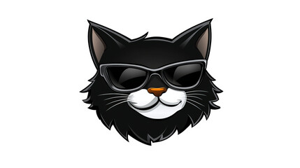 Obraz premium Black cat is wearing sunglasses with white whiskers and a tan nose on a black background.