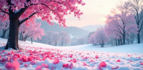 A sea of abstract pink sakura petals scattered on a serene winter background, with bare trees and frosty landscape , serene, scatter, landscape