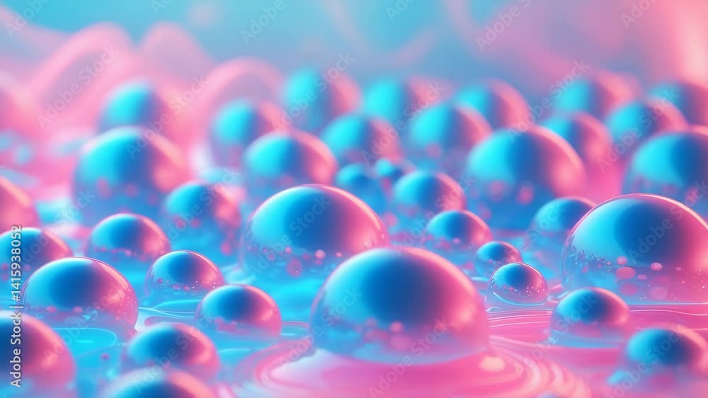Poster abstract blue and pink 3d background with separated spheres resembling drops - 3d video and renderin
