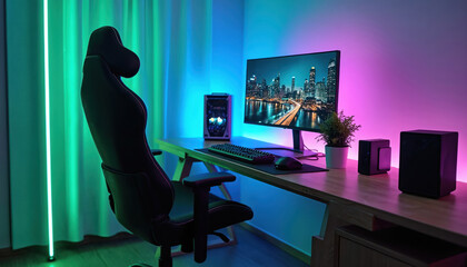 Modern gaming setup. Black gaming chair near computer with monitor showing night city. Neon LED lights illuminate room. Keyboard mouse desk plant create cozy atmosphere.