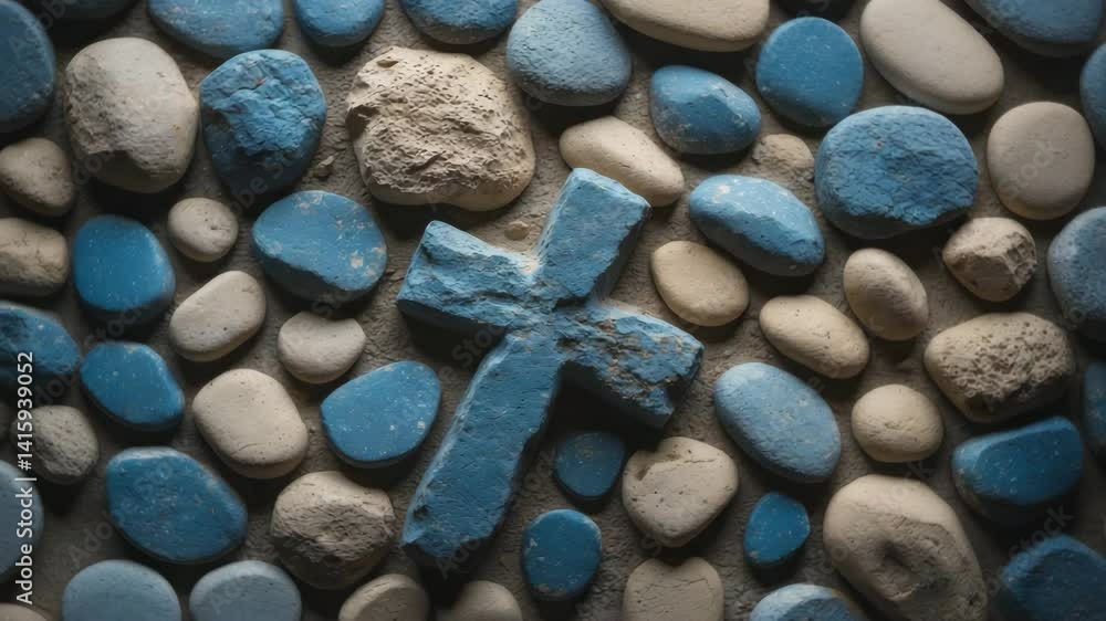 Poster rock with a muddy texture displaying a cross.