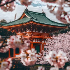 A Buddhist temple surrounded by cherry blossoms spiritual place