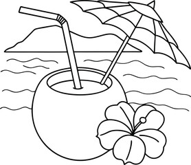 Beach Scene with Tropical Drink, Umbrella, and Hibiscus Flower Outline

