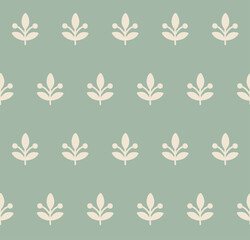 Seamless vector pattern with plant element on green background. Soft pastel color palette, flat design, perfect for fabric, stationery, wrapping paper, home textile, wallpaper and banners.