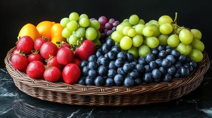 A vibrant basket filled with fresh fruits including citrus berries and grapes for healthy eat