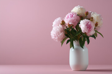 Fototapeta premium Bouquet of pink peonies in a white vase on a pink background. 