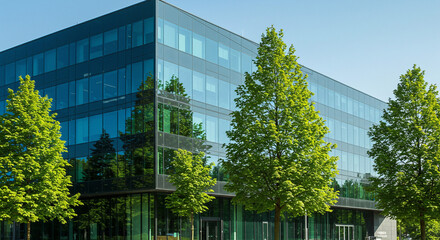 Modern architectural building with glass facade and surrounding trees reflecting the blue sky, creating a contemporary urban landscape