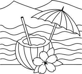 Beach Scene with Tropical Drink, Umbrella, and Hibiscus Flower Outline

