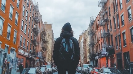 Person standing between city buildings