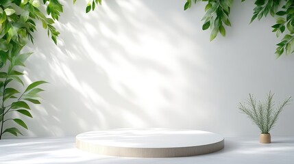 Minimalist, sunlit display podium with lush greenery