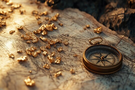 Antique compass and gold nuggets on a weathered treasure map, hinting at a hidden fortune.