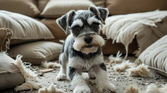 Naughty schnauzer puppy dog after destroying the couch she sits on
