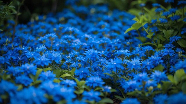 Lithodora diffusa flowering in a garden, creating a beautiful patch of blue blossoms. The vivid blue petals elegantly contrast with the vibrant green foliage.