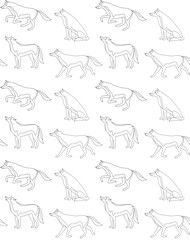 Vector seamless pattern of flat hand drawn outline wolves isolated on white background