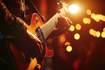 Obraz premium A guitarist plays a sunburst electric guitar on stage during a concert, illuminated by warm stage lights.