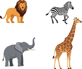 African wild animals including lion, zebra, elephant, and giraffe in flat colorful style vector illustration