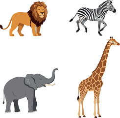African wild animals including lion zebra elephant and giraffe flat detailed vector illustration