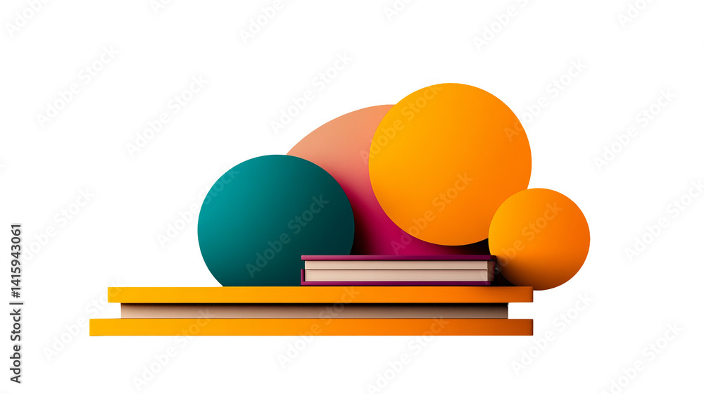 Poster stack of books is situated on layers with spheres in the dark background. - high quality stack of bo