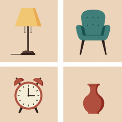 Fototapeta premium Home decor objects flat style including yellow lamp green armchair clock and red vase vector illustration