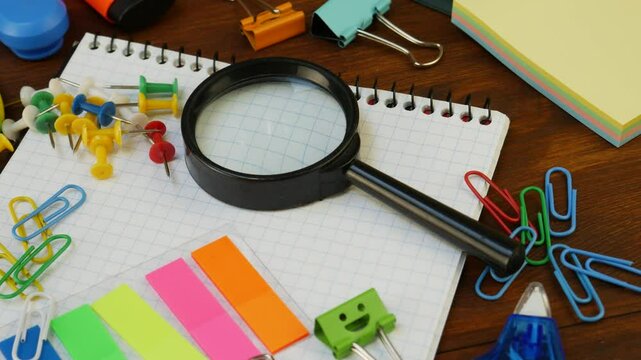 Stationery tools arranged for learning. Bright pencils, scissors, binder clips with faces, notebooks, push pins, plastic sharpener, magnifying glass, sticky tabs. Creative workspace