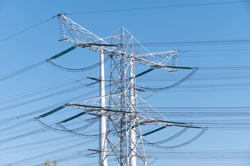 High-voltage lines and power towers, power transmission from nuclear energy plant in Zeeland, generation of electricity in Netherlands