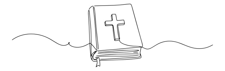 Obraz premium simple line drawing of the holy bible with cross on cover, religious outline vector