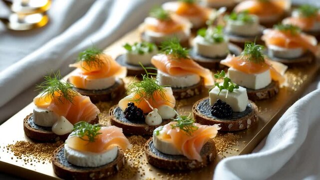 Gourmet party food: cocktail canapes with smoked salmon, cream cheese, and caviar on rye bread
