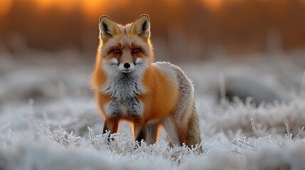 Obraz premium Red Fox Standing In A Frosted Meadow At Sunrise, Crisp Air And Soft Color Palette 