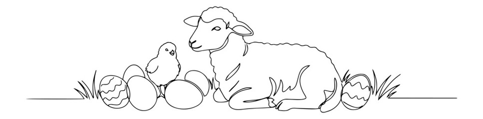 vector sketch of lamb, easter eggs and chick, hand drawn spring and christian symbol