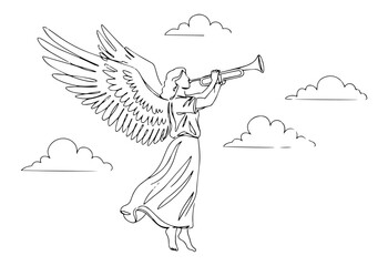vector drawing of an angel with trumpet in clouds, religious and spiritual hand drawn style © Luka