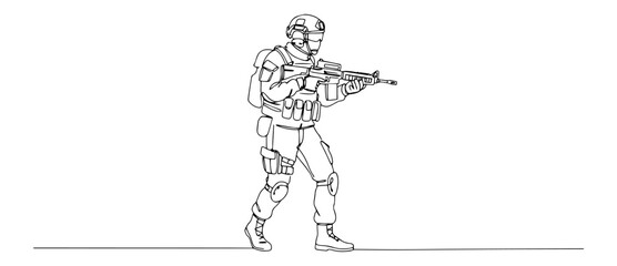 hand drawn vector of soldier with rifle in combat pose, modern infantry line illustration