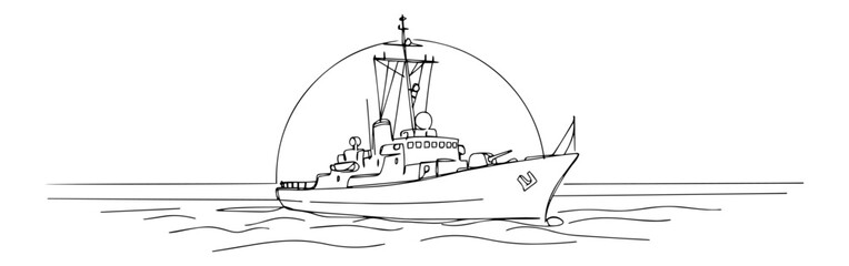 vector sketch of navy warship sailing on ocean, simple military vessel line illustration