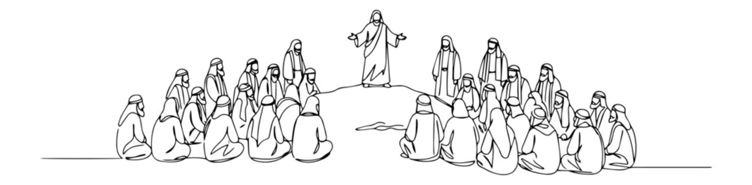 minimalist line art vector of jesus preaching to followers, sermon on the mount scene