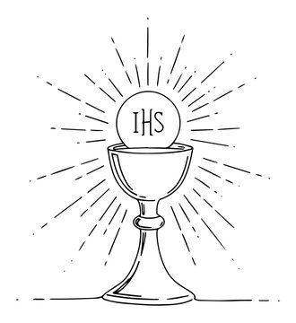 line art vector of eucharistic chalice and host with rays, catholic religious symbol sketch