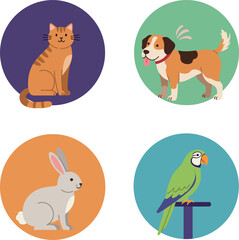 Fototapeta premium Four cute domestic animals including cat dog rabbit and parrot in colorful flat design vector illustration