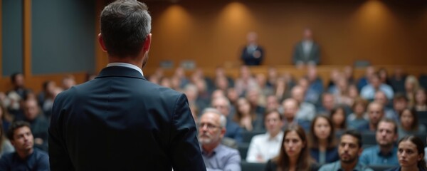 Speaker delivers speech at business training seminar. Audience listens attentively in auditorium. Corporate event, pro development at symposium. People learning. Manager explains project, shares tech