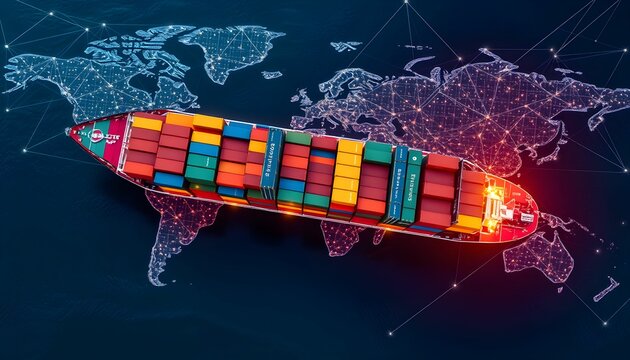 Global logistics network, container ship, world map illumination, digital connections, international trade routes, glowing data points, cargo transportation