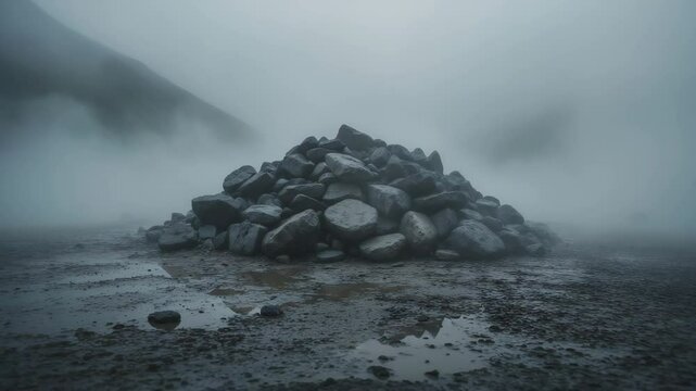 Piled stones on damp soil surrounded by mist at the mountain peak.
