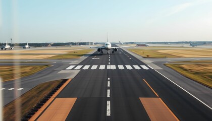 Fototapeta premium Commercial airliner landing, runway perspective, airport tarmac, clear sky, distant horizon, crisp details, photorealistic, wide angle view, landing strip markings, aviation photography