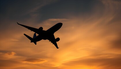 commercial airliner, silhouette, sunset sky, orange clouds, dramatic lighting, golden hour, jet plane taking off, low angle view, aviation photography, atmospheric