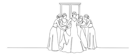 continuous line vector of a bride with bridesmaids helping her, wedding preparation moment