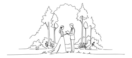 continuous line vector of bride and groom exchanging vows in forest, romantic outdoor wedding scene