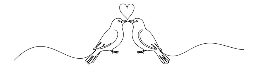 two love birds kissing with heart above, blackandwhite line art romantic vector illustration