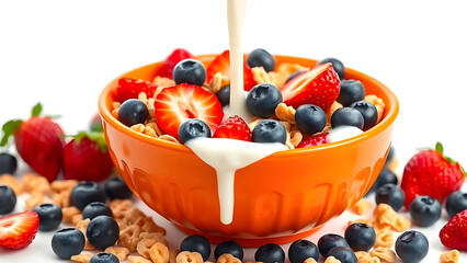 Orange bowl with cornflakes and blueberries and strawberries, filled with yogurt.
