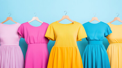 Vibrant dresses on hangers against blue background